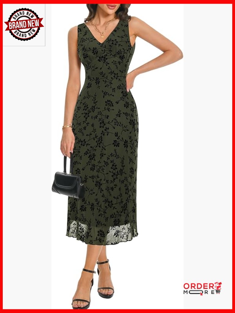 V Neck Sleeveless Mesh Maxi Dress Long Floral A-Line Casual Elegant